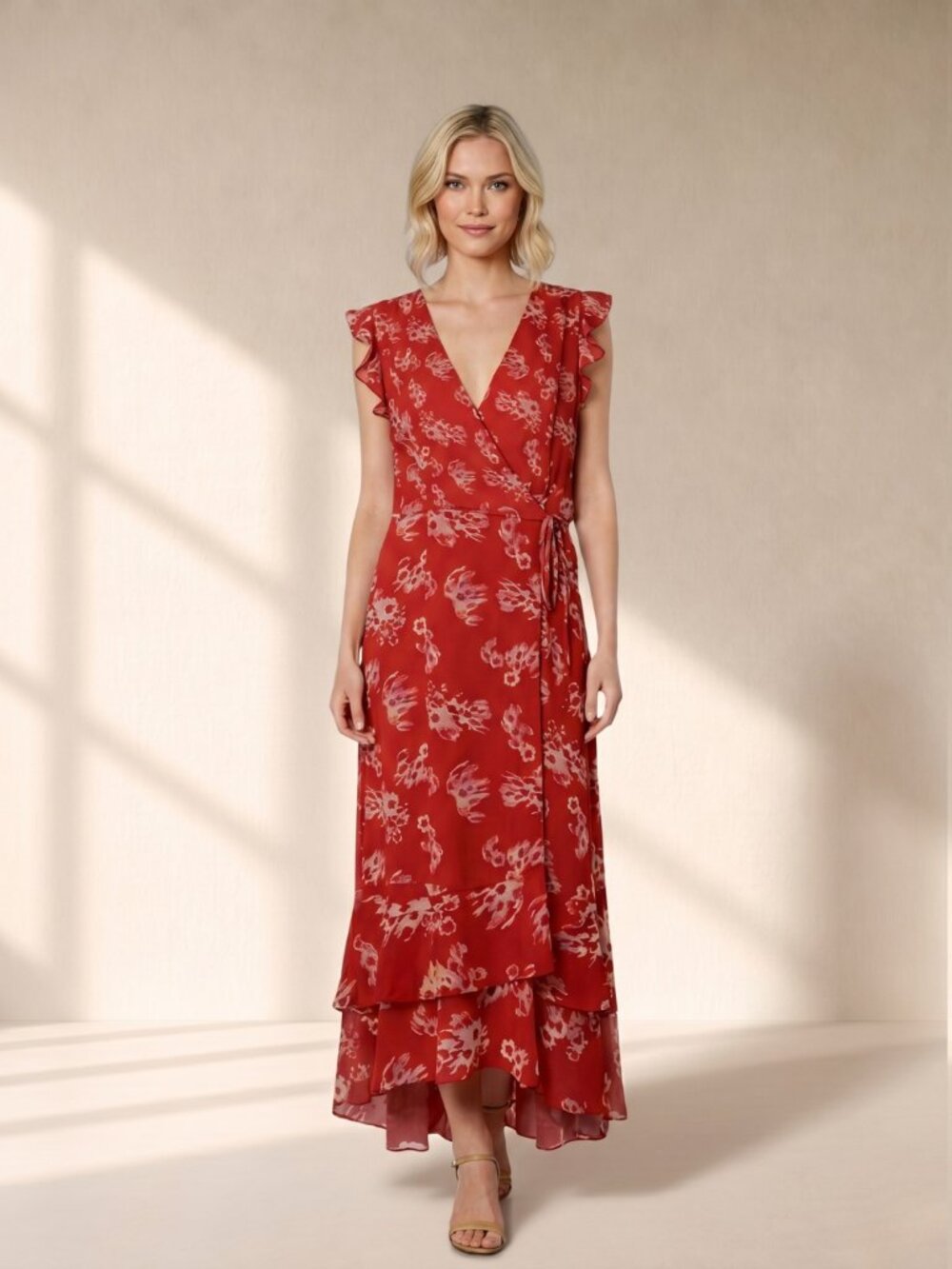 All Saints Dela Jasmine Red Floral Ruffle Wrap Midi Dress US 8 Boho